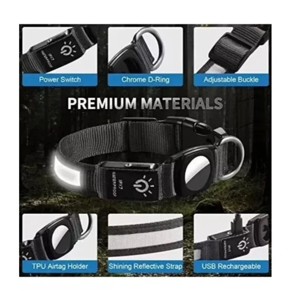 Air Tag Dog Collar Blue with Airtag Holder[Ipx7 Waterproof] Light up Medium LED